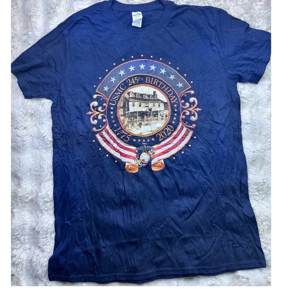 Gildan USMC 245th Birthday 2020 Tun Tavern Navy Blue T-Shirt Mens Large. A37
